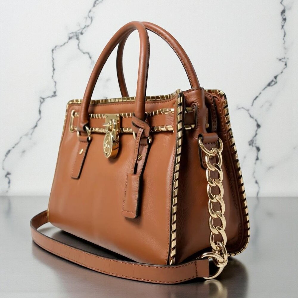 Michael Kors Hamilton Rich Brown Gold Chain Satchel Quiet Luxury Like New - Picture 4 of 16